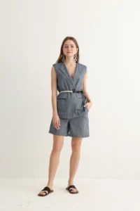 Blue vest and shorts set with contrast belt