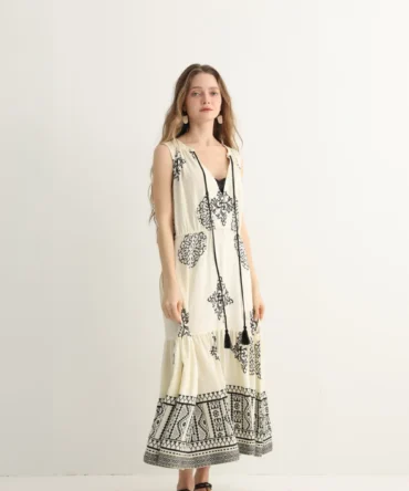 Haven & Drift Cream Embroidered Long Dress with Tassels - Premium Summer Resort Wear