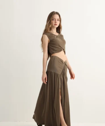 Haven & Drift Earthy Brown O-Ring Boho Maxi Set - Premium Summer Resort Slit Dress Two-Piece