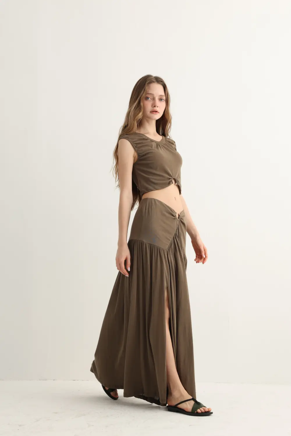 Haven & Drift Earthy Brown O-Ring Boho Maxi Set - Premium Summer Resort Slit Dress Two-Piece
