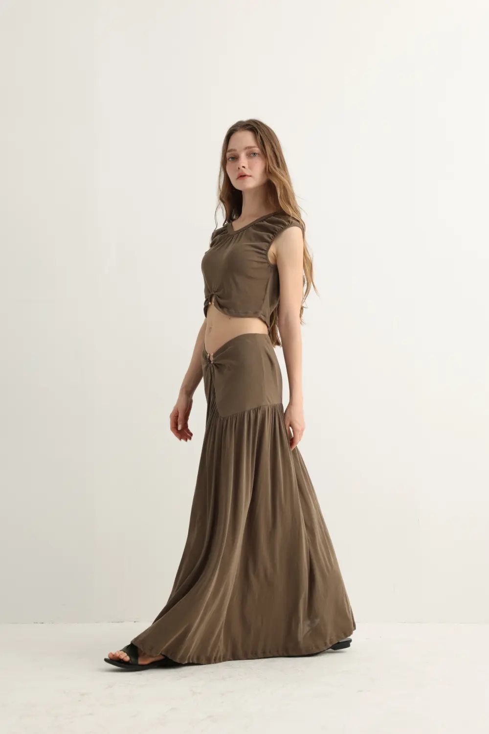 Haven & Drift Earthy Brown O-Ring Boho Maxi Set - Premium Summer Resort Slit Dress Two-Piece - Image 2