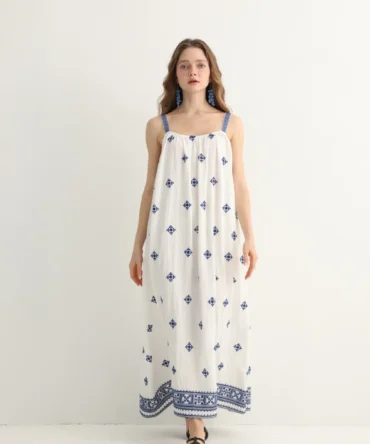 Haven & Drift Greek-Inspired Floral Embroidered Long Dress - Premium Boho Resort Wear