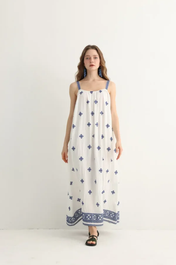 Greek-inspired blue embroidered maxi dress front view
