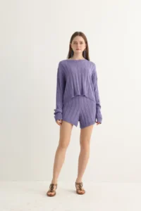 Lavender knit shorts set front view
