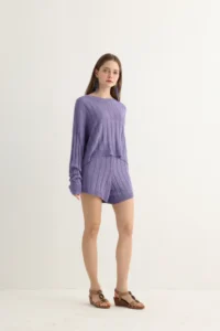 Lavender Knit Shorts Set with Cable Texture - Image 9