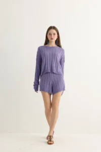 Lavender Knit Shorts Set with Cable Texture - Image 8