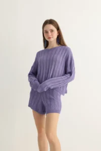 Lavender Knit Shorts Set with Cable Texture - Image 7