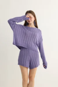 Lavender Knit Shorts Set with Cable Texture - Image 6