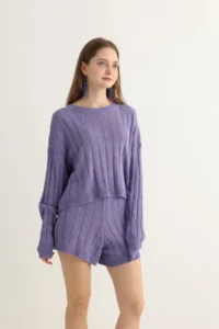 Lavender Knit Shorts Set with Cable Texture - Image 5