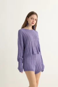 Lavender Knit Shorts Set with Cable Texture - Image 4