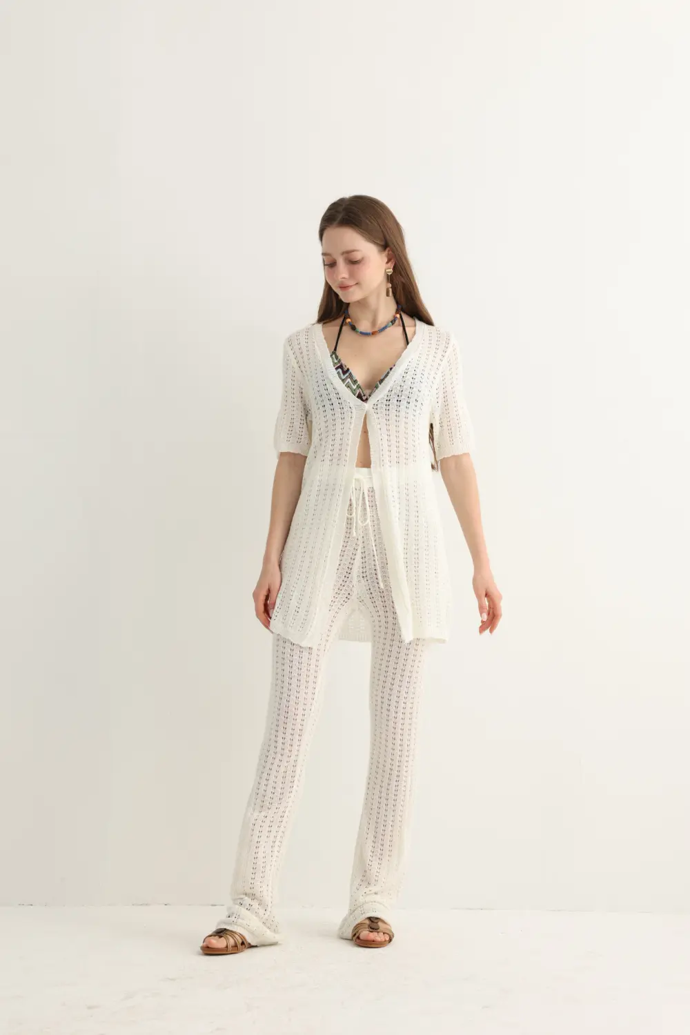 Haven & Drift White Open-Knit Longline Top & Matching Flare Pants - Premium Resort Beach Set - Image 2