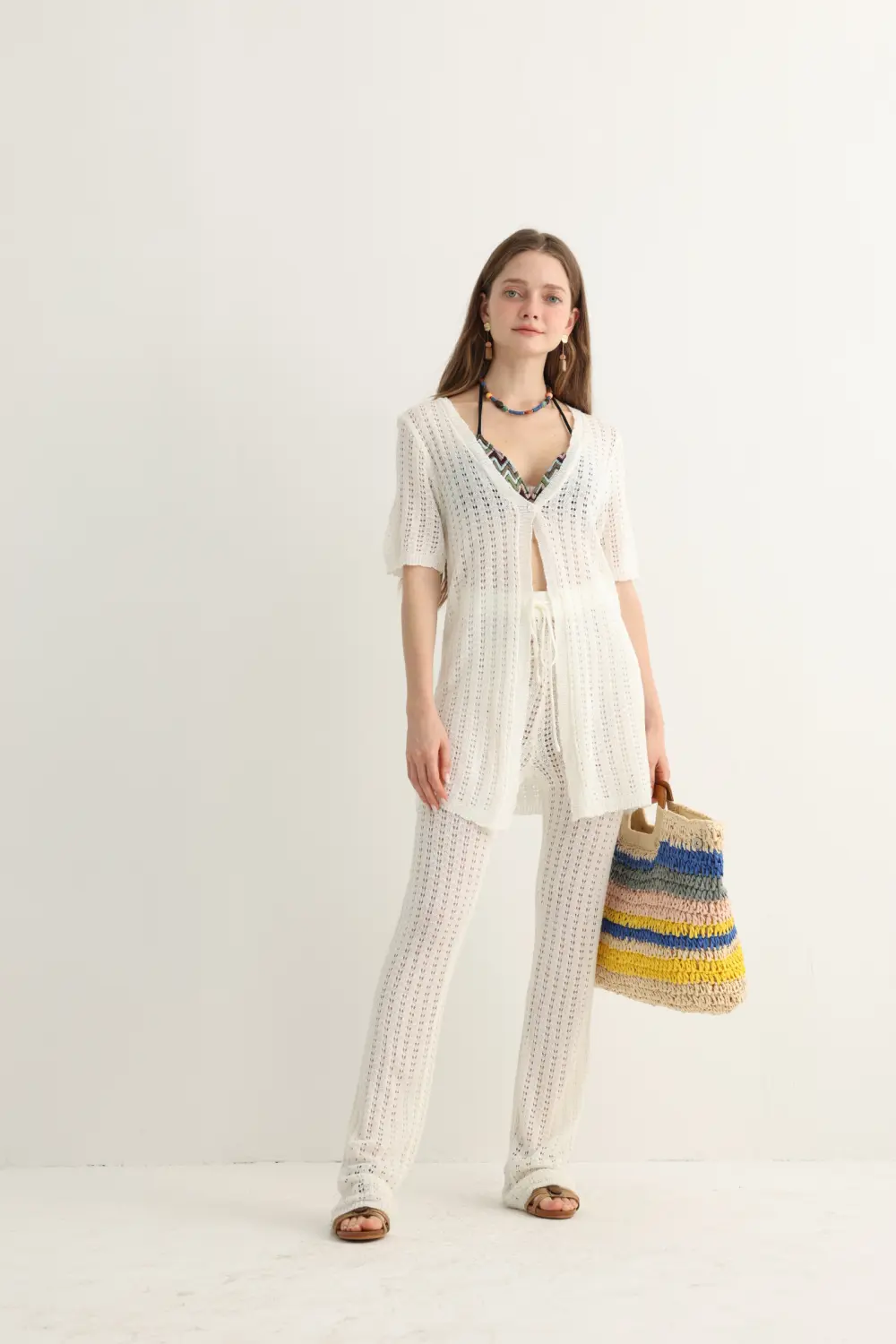 Haven & Drift White Open-Knit Longline Top & Matching Flare Pants - Premium Resort Beach Set - Image 7