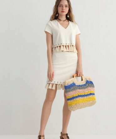 Original Design Resort Favorite Tassel Trim V-Neck ShortSleeve Women' s Two-Piece Set - Stylish Vacation CasualWear