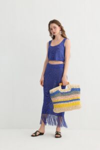 Knit Crop Top Skirt Set with Fringe Hem - Image 4
