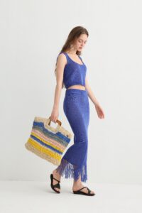 Knit Crop Top Skirt Set with Fringe Hem - Image 3