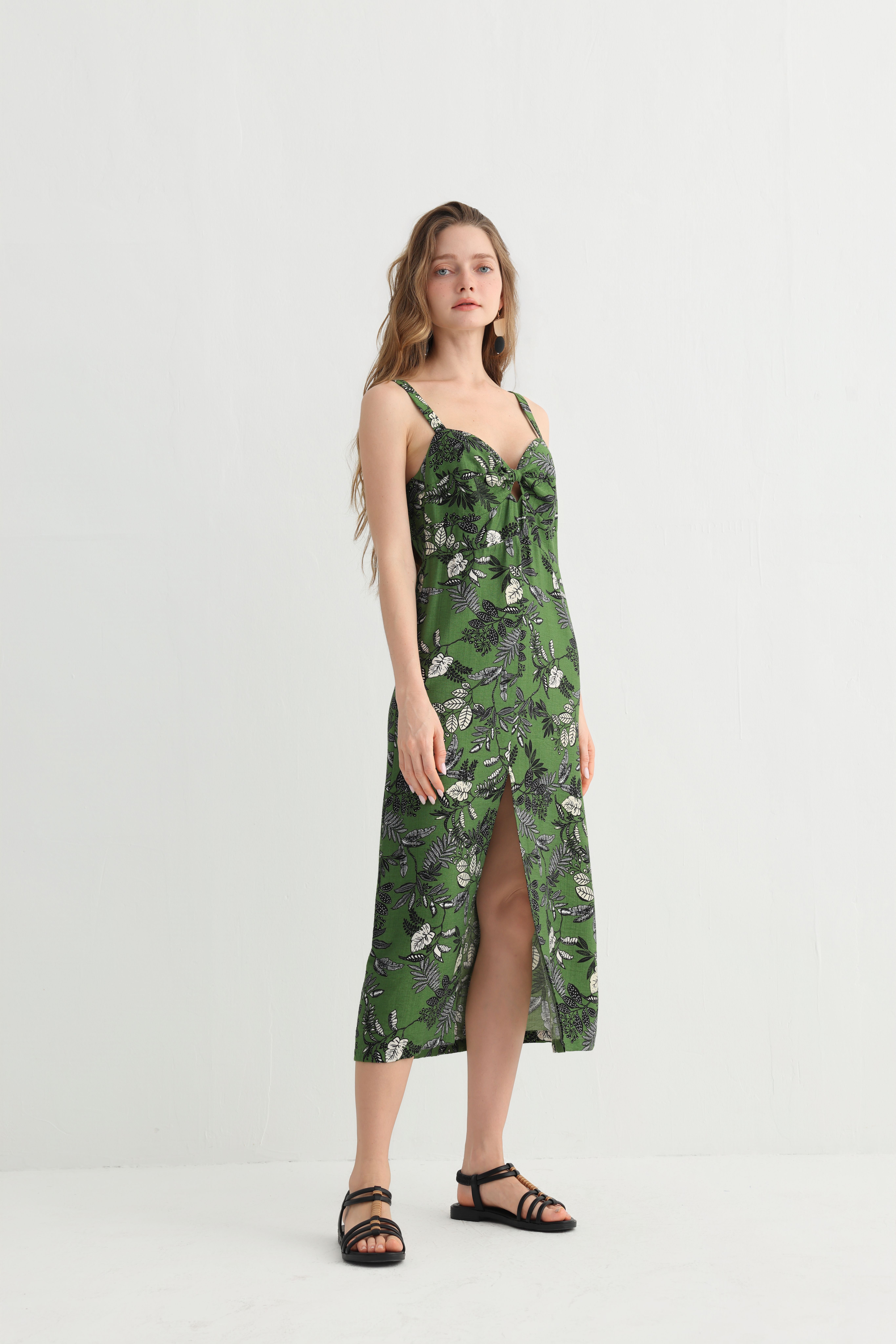 Original Design Summer Spaghetti Strap Dress - GreenLeaf Print, V-Neck Cutout, Lightweight & Flowing, Perfectfor Vacation, Beach & Travel - Image 2