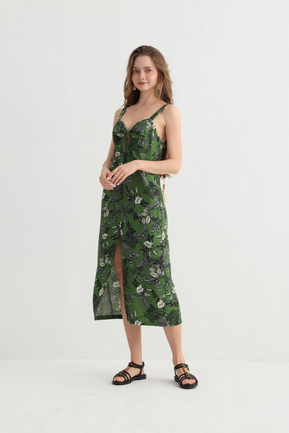 Green leaf print spaghetti strap dress front view