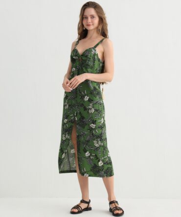 Original Design Summer Spaghetti Strap Dress - GreenLeaf Print, V-Neck Cutout, Lightweight & Flowing, Perfectfor Vacation, Beach & Travel