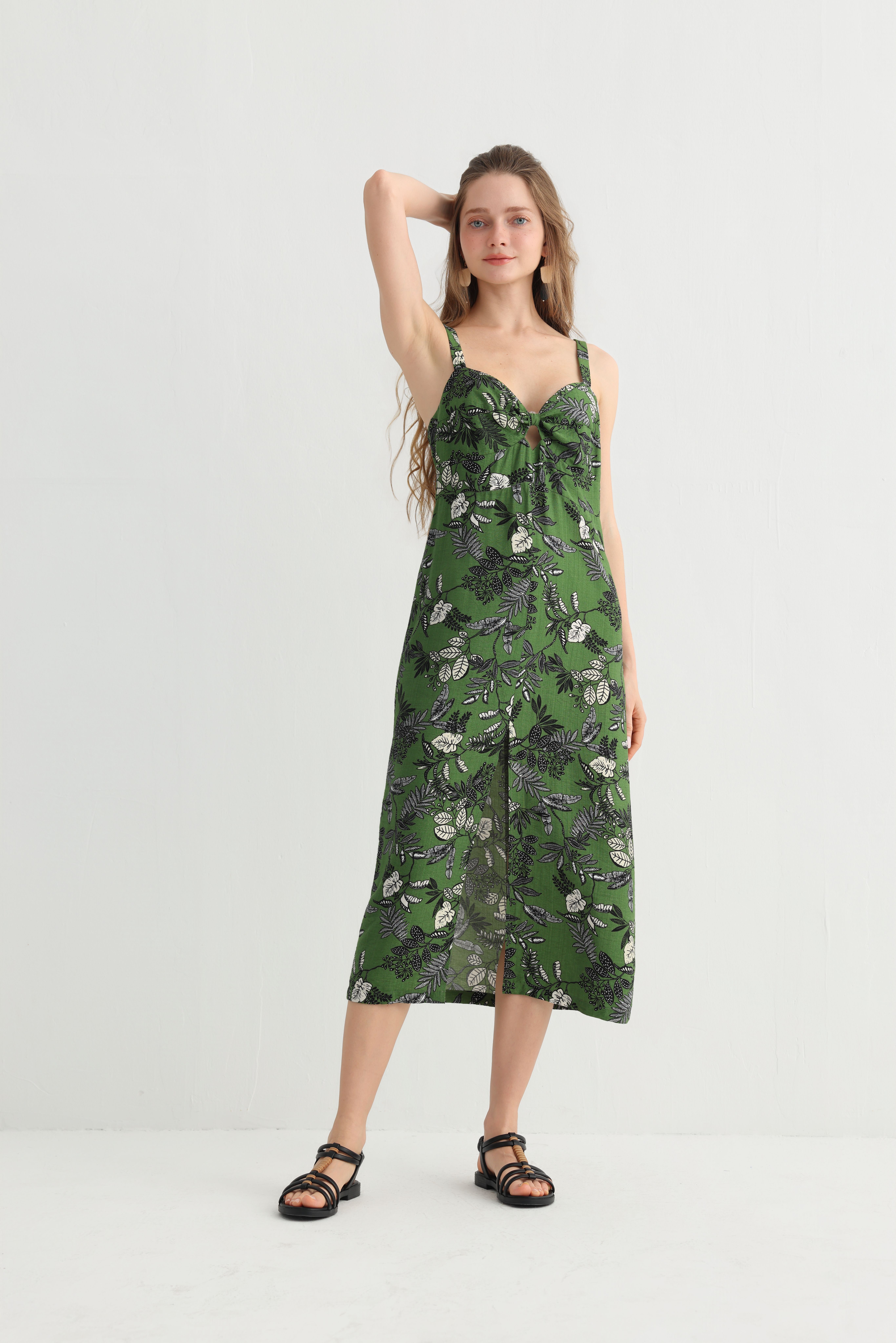 Original Design Summer Spaghetti Strap Dress - GreenLeaf Print, V-Neck Cutout, Lightweight & Flowing, Perfectfor Vacation, Beach & Travel - Image 4