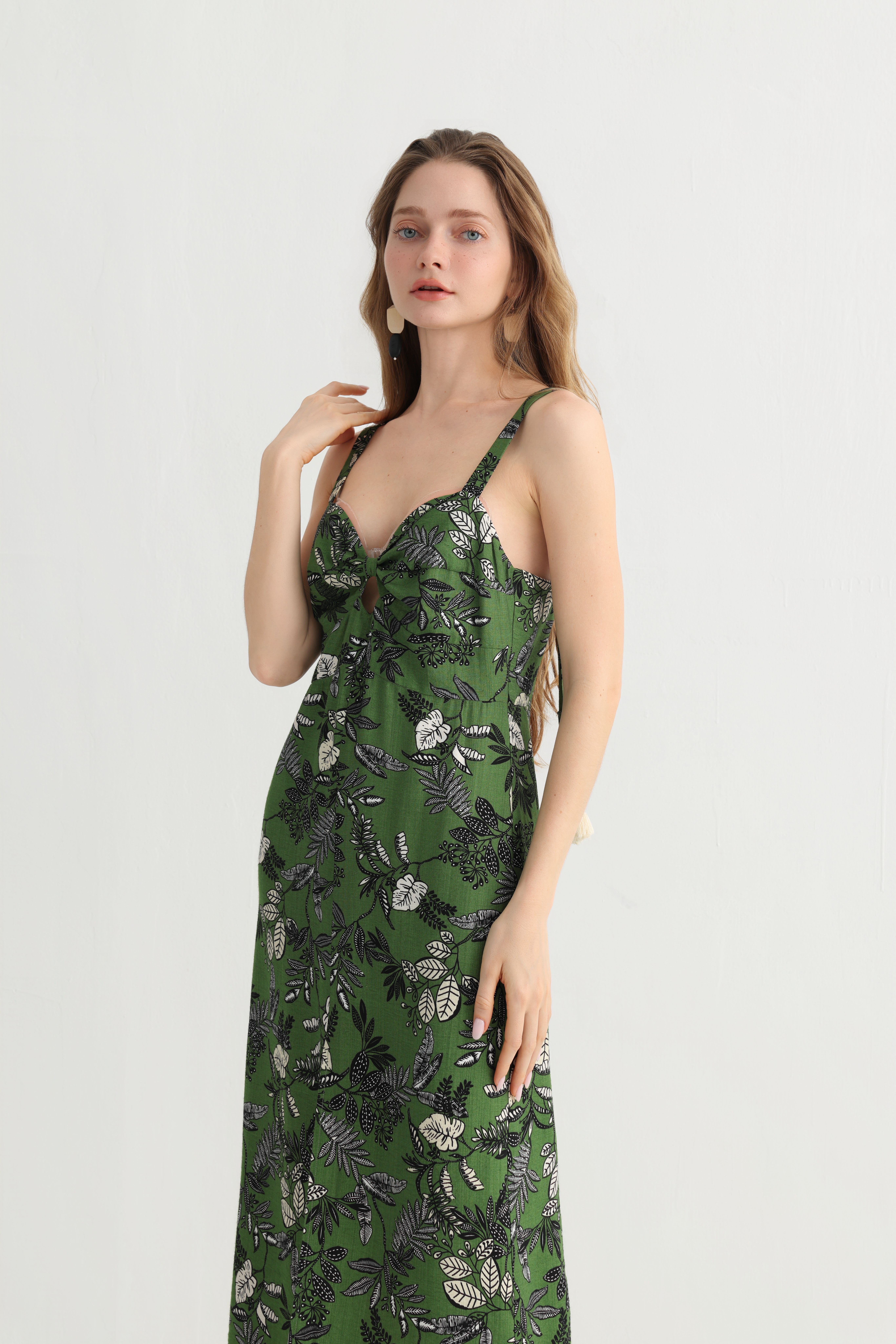 Original Design Summer Spaghetti Strap Dress - GreenLeaf Print, V-Neck Cutout, Lightweight & Flowing, Perfectfor Vacation, Beach & Travel - Image 5