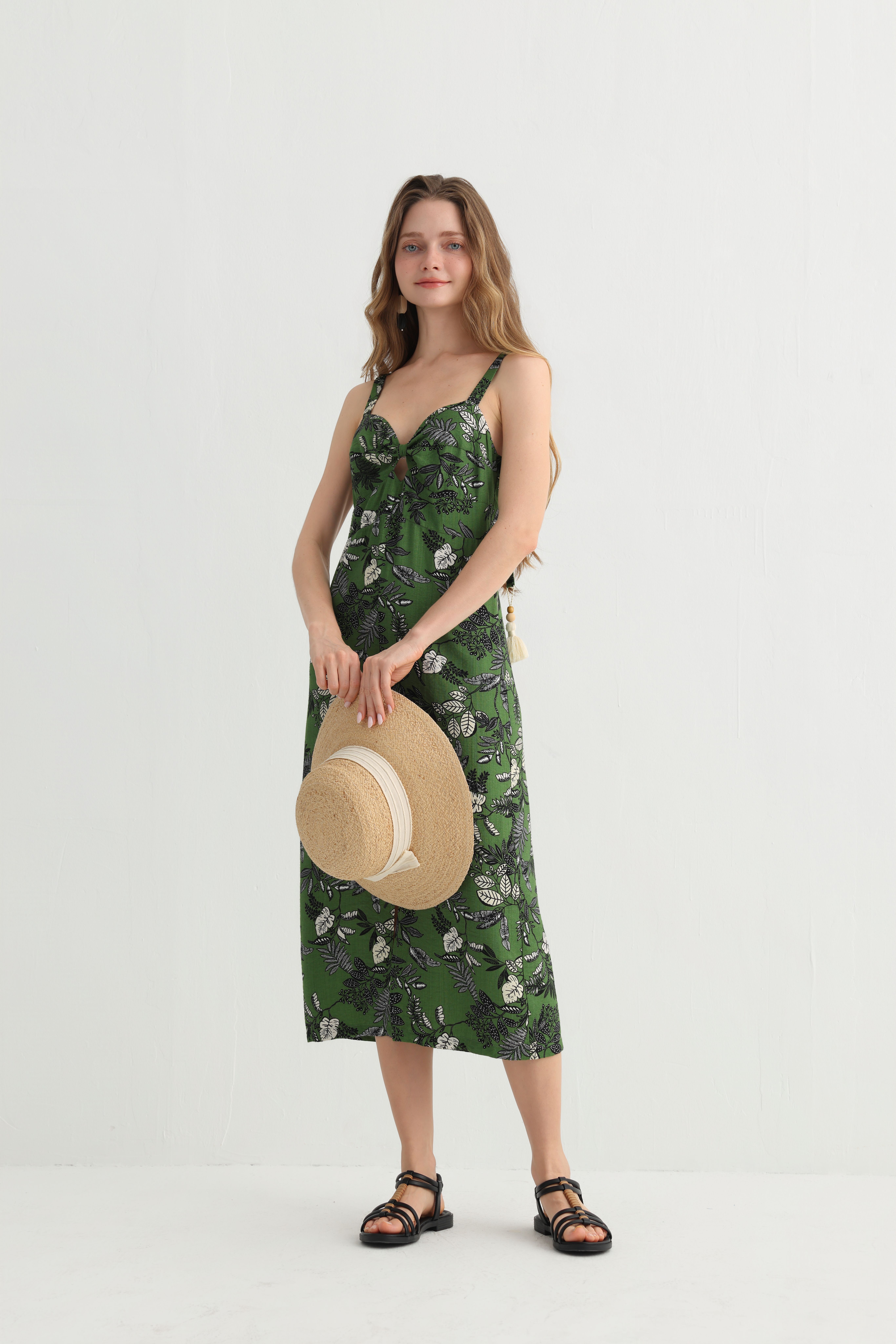 Original Design Summer Spaghetti Strap Dress - GreenLeaf Print, V-Neck Cutout, Lightweight & Flowing, Perfectfor Vacation, Beach & Travel - Image 6