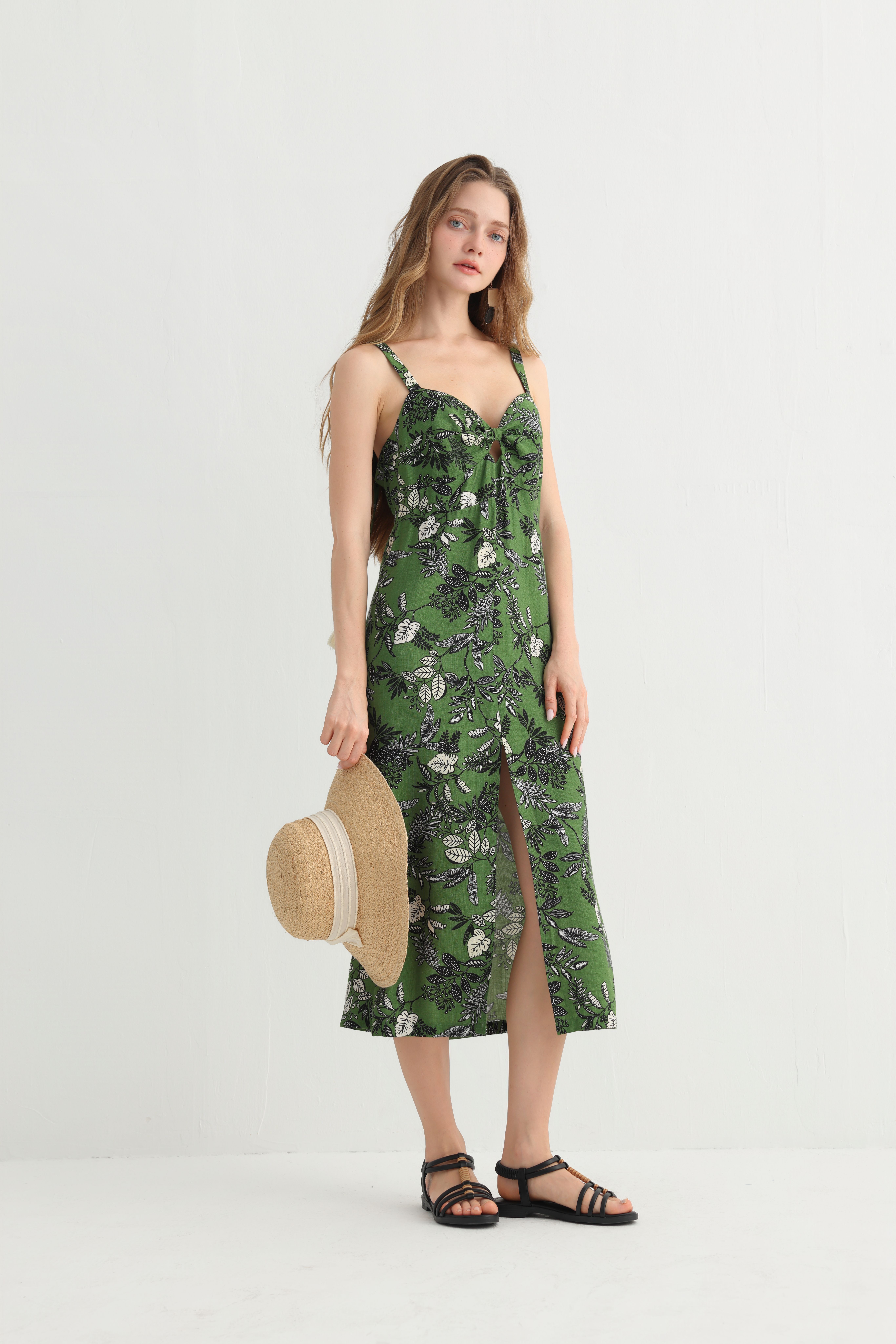 Original Design Summer Spaghetti Strap Dress - GreenLeaf Print, V-Neck Cutout, Lightweight & Flowing, Perfectfor Vacation, Beach & Travel - Image 7