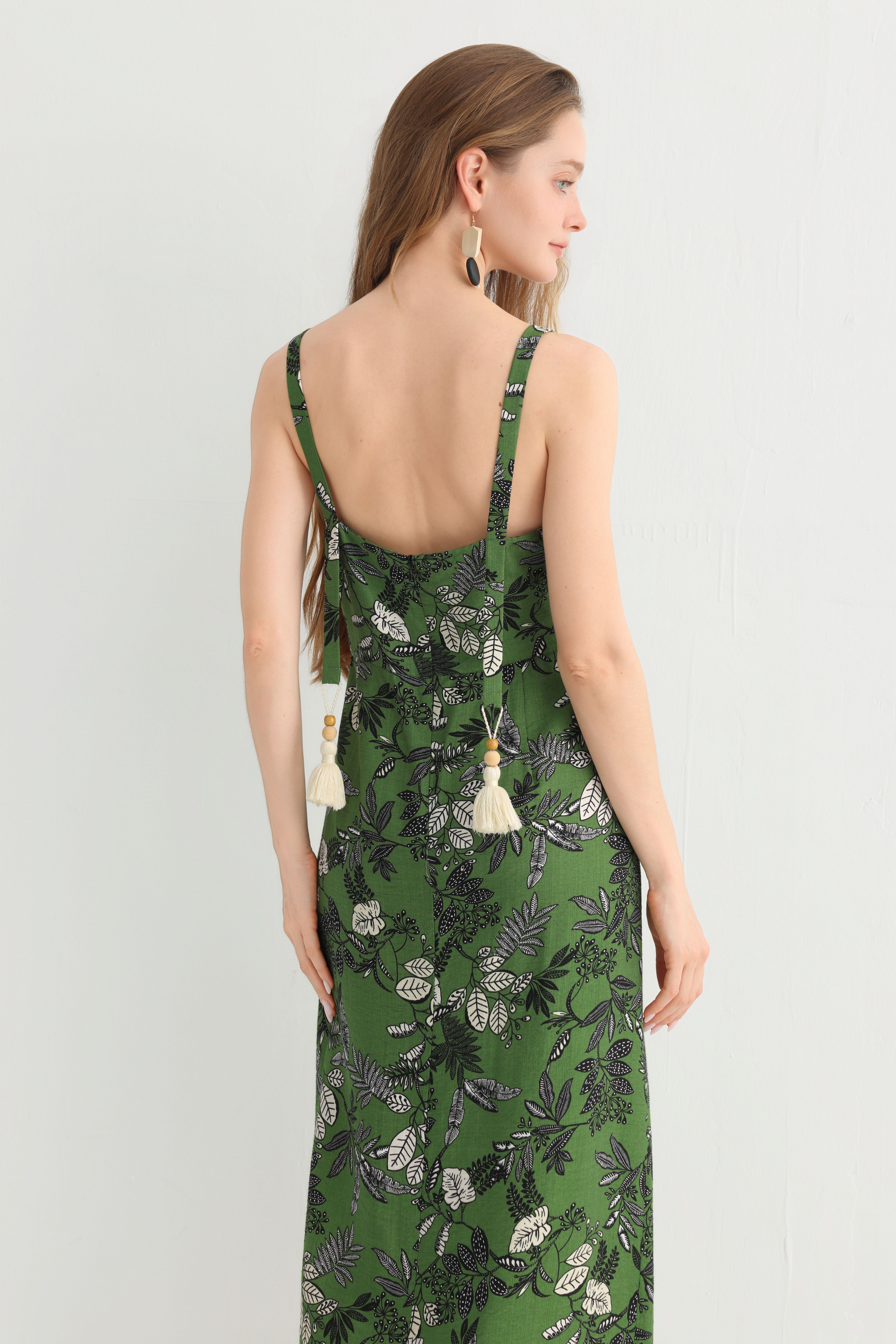 Original Design Summer Spaghetti Strap Dress - GreenLeaf Print, V-Neck Cutout, Lightweight & Flowing, Perfectfor Vacation, Beach & Travel - Image 9