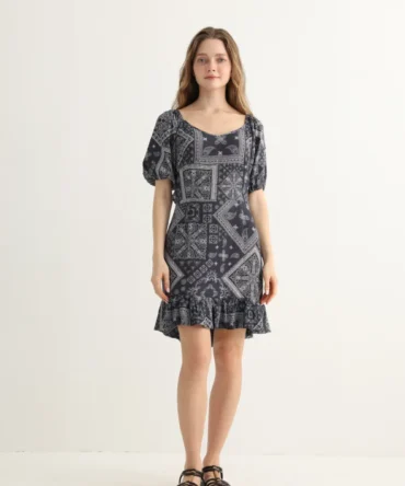 Haven & Drift Navy Bandana Print Ruffle Dress - Premium Boho Resort Wear Sundress