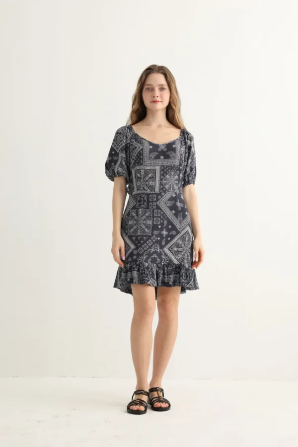 Boho Vintage Geometric Print Crinkle Mini Dress