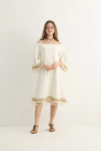 White Boho Midi Dress with Gold Embroidery - Image 2