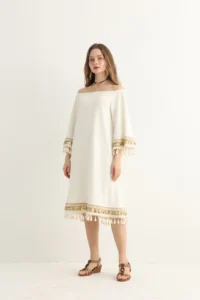 White Boho Midi Dress with Gold Embroidery - Image 9