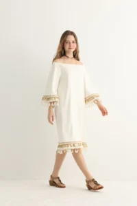 White Boho Midi Dress with Gold Embroidery - Image 8