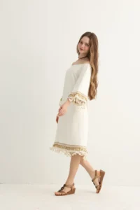 White Boho Midi Dress with Gold Embroidery - Image 6