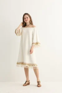 White Boho Midi Dress with Gold Embroidery - Image 5
