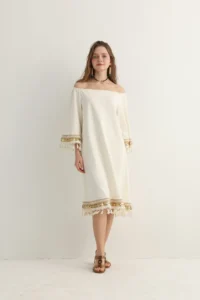White Boho Midi Dress with Gold Embroidery - Image 4