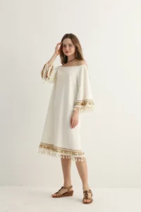 White Boho Midi Dress with Gold Embroidery - Image 3