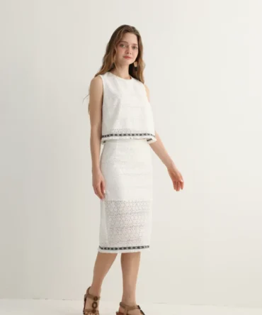 Haven & Drift White Embroidered Crop Top & Midi Skirt Set - Premium Resort Wear