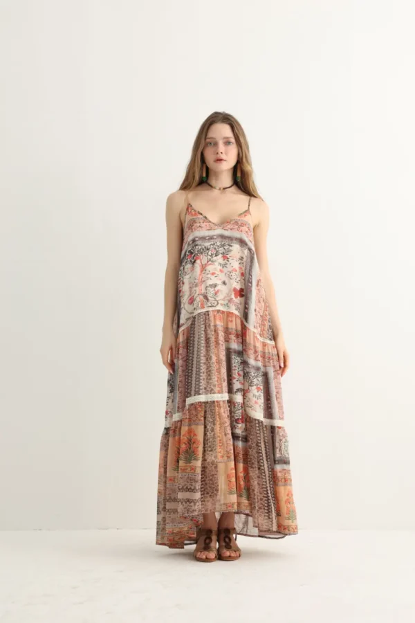 Bohemian Patchwork Print Tiered Maxi Dress
