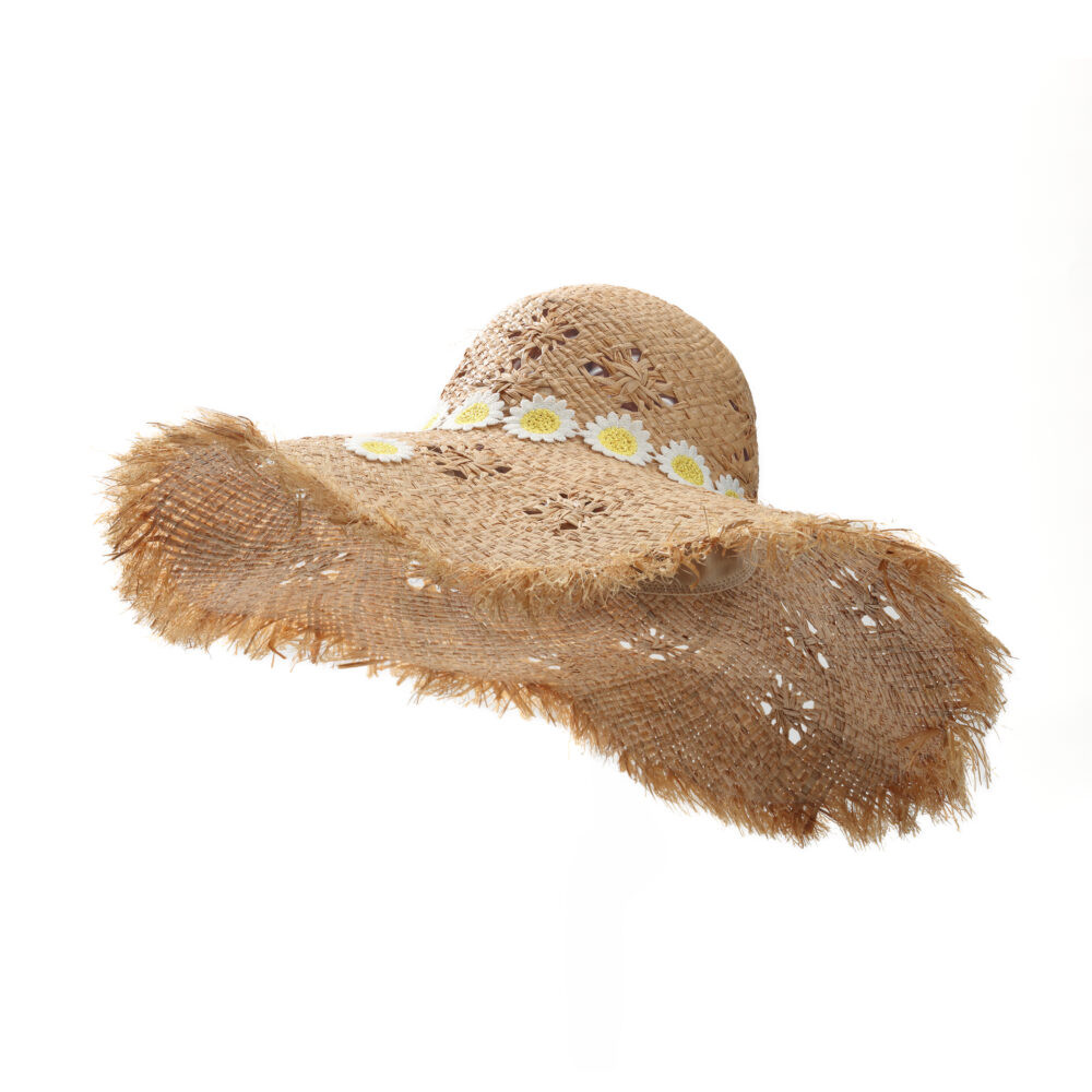 Natural Raffia Daisy Trim Frayed Wide Brim Sun Hat