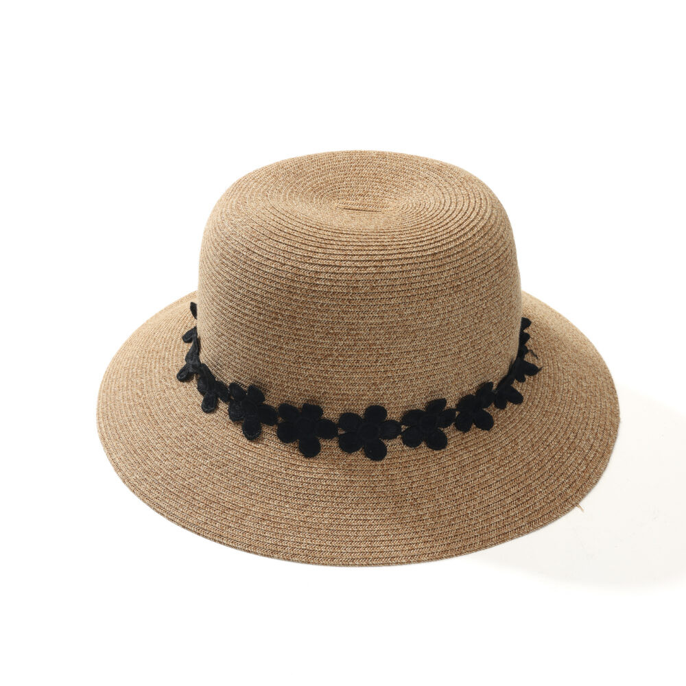 Natural Woven Black Floral Trim Wide Brim Sun Hat