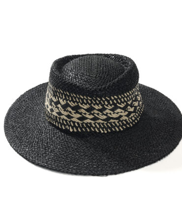 Retro Casual Black Woven Flat-Top Hat, Geometric Pattern Ribbon Designer Straw Hat, Summer Outdoor Camping Sun Hat, Unisex Versatile Fashion Hat.