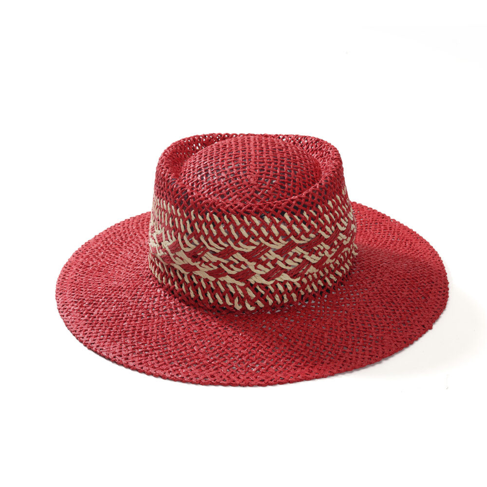 Red & Natural Open-Weave Wide Brim Straw Hat