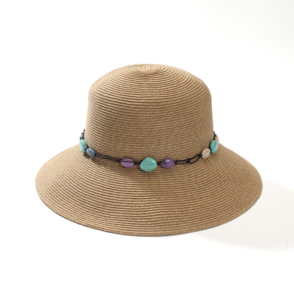 Natural Woven Multicolor Stone Beaded Wide Brim Sun Hat