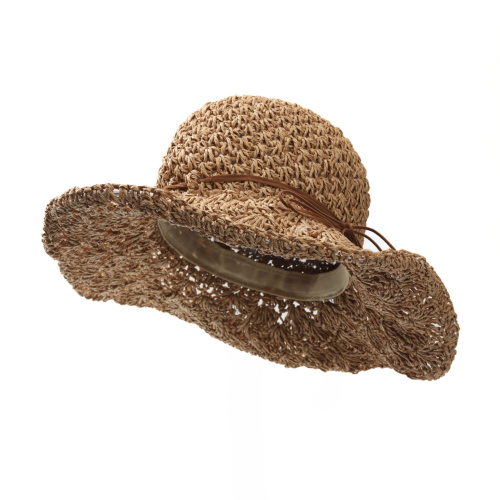 Natural Woven Straw Leather Tie Wide Brim Sun Hat