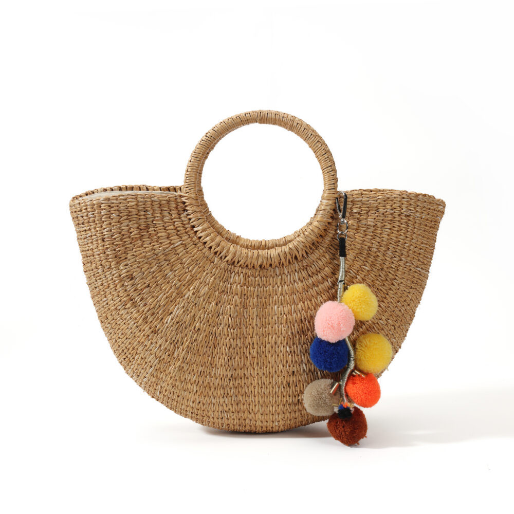 Natural Woven Straw Pom-Pom Charm Tote Bag