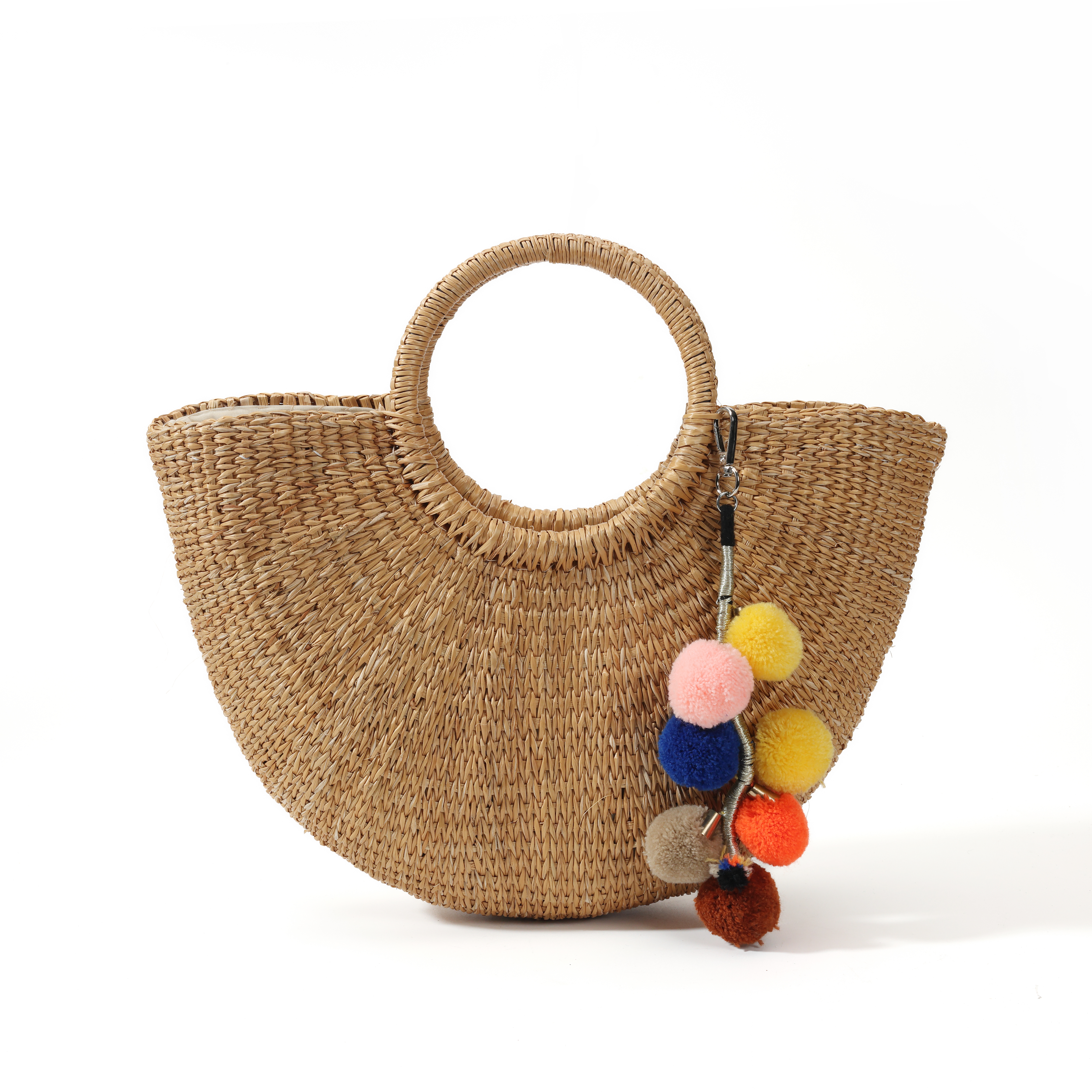 Stunning Colorful Pom-Pom Decor Woven Bag! Round Handle Vacation Style, Summer Beach Outing Atmosphere Essential, Versatile Half-Moon Straw Tote.