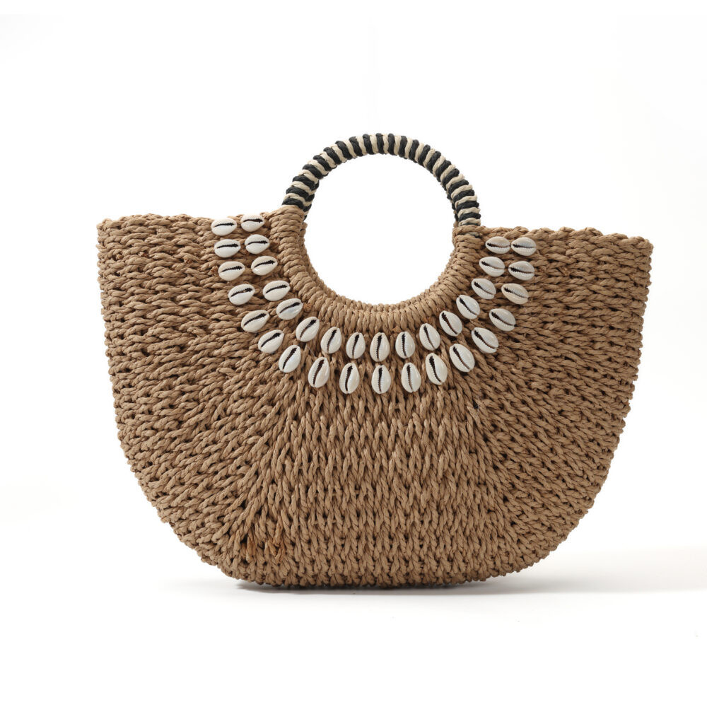 Natural Woven Cowrie Shell Straw Tote Bag