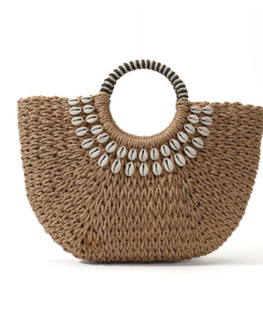Exquisite Vintage Shell Bead Accent Woven Bag, Handmade Round Handle Large Capacity Straw Bag, Summer Street Vacation Versatile, Retro Vacation Style Tote.