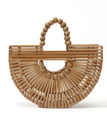 Retro Vacation Style Natural Wood Geometric Woven Bag, Wood Bead Handle Large Capacity Handmade Bag, Summer Beach Versatile Premium Tote.