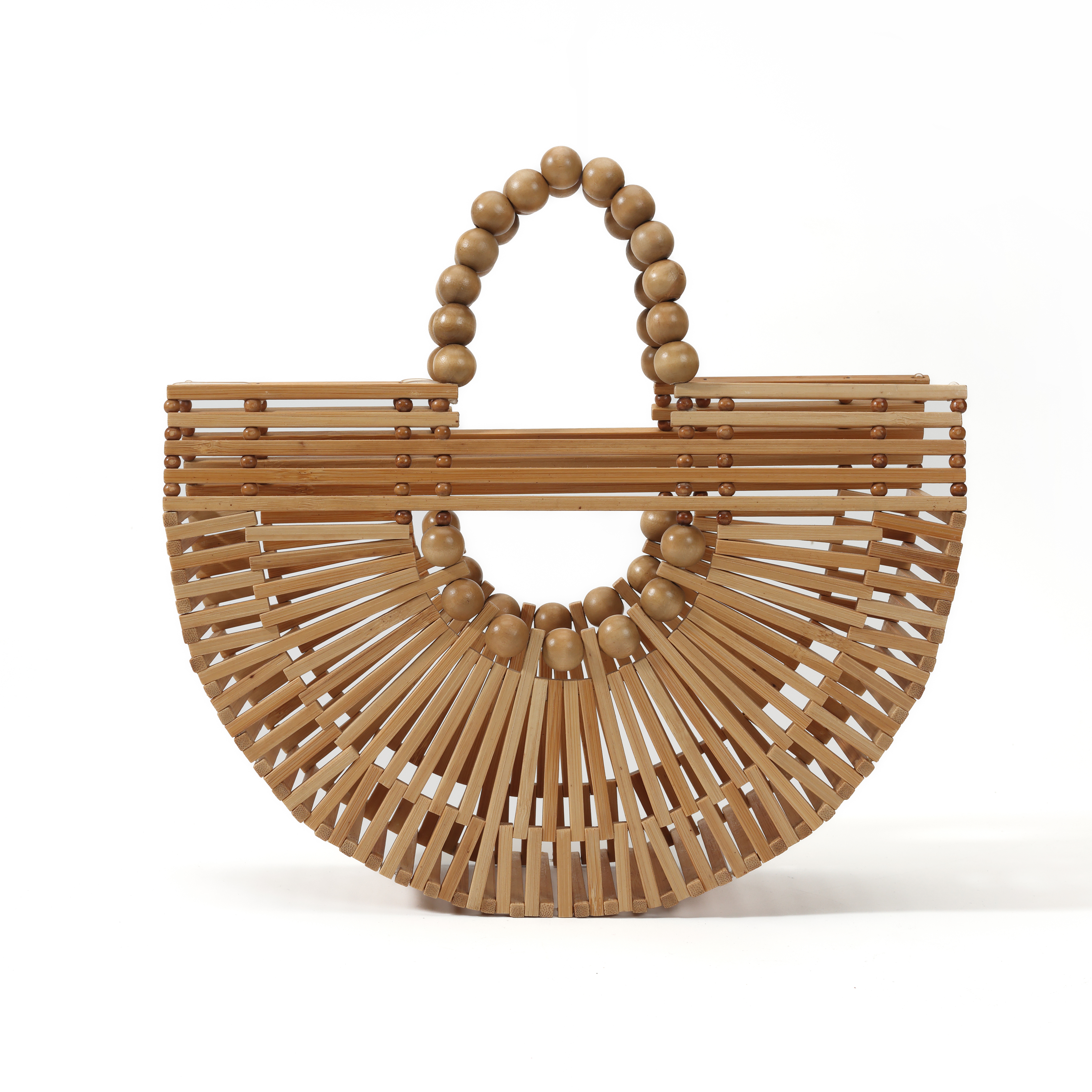 Retro Vacation Style Natural Wood Geometric Woven Bag, Wood Bead Handle Large Capacity Handmade Bag, Summer Beach Versatile Premium Tote.